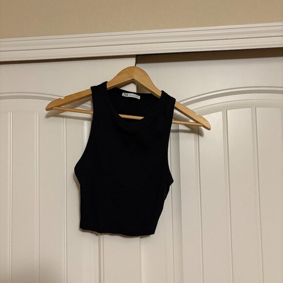 Zara Tops - Zara Cropped Tank Top Medium Black Ribbed Fitted Casual Cami Crew Neck Basic